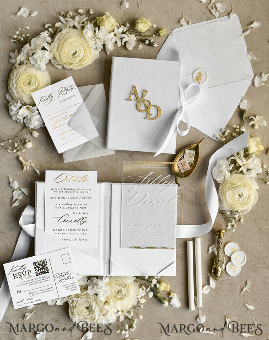 HOCHZEITS EINLADUNGEN Plexiglas Acrylspiegel Samt-Cover Klare Hochzeitskarten, Elegante Elfenbein-Hochzeitskarten, Acryl-Hochzeitskarten, Spiegelgold Plexi-Einladungssuite 04/Cvpx/z