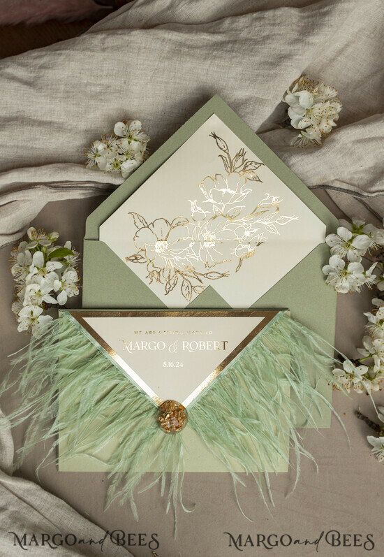 HOCHZEITS EINLADUNGEN 3-fach gefaltete Hochzeitseinladungen 3-fach Luxus Salbeigrüne Spiegelgold Hochzeitseinladungen, Elegante Gartenhochzeit Karten, Glamour Acryl Monogramm Hochzeitseinladungen, Spiegel Plexi florale Hochzeitseinladung Suite 01/3fMmP/z