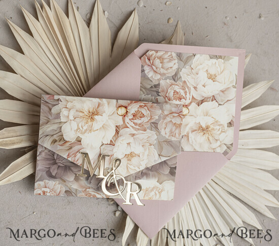 HOCHZEITS EINLADUNGEN 3-fach gefaltete Hochzeitseinladungen 3-fach Luxus Blush Pink Spiegel Gold Hochzeitseinladungen, elegante Nude Hochzeitseinladungen, Glamour Acryl Monogramm Hochzeitseinladungen, Spiegel Plexi Hochzeitseinladungsset 02/3fMm/z
