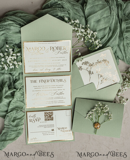 HOCHZEITS EINLADUNGEN 3-fach gefaltete Hochzeitseinladungen 3-fach Luxus Salbeigrüne Goldene Hochzeitseinladungen, Elegante Gartenhochzeitskarten, Baby Breath Bouquet Gypsophila Hochzeitseinladungen, Natürliche florale Hochzeitseinladung Suite 03/3fMBB/z