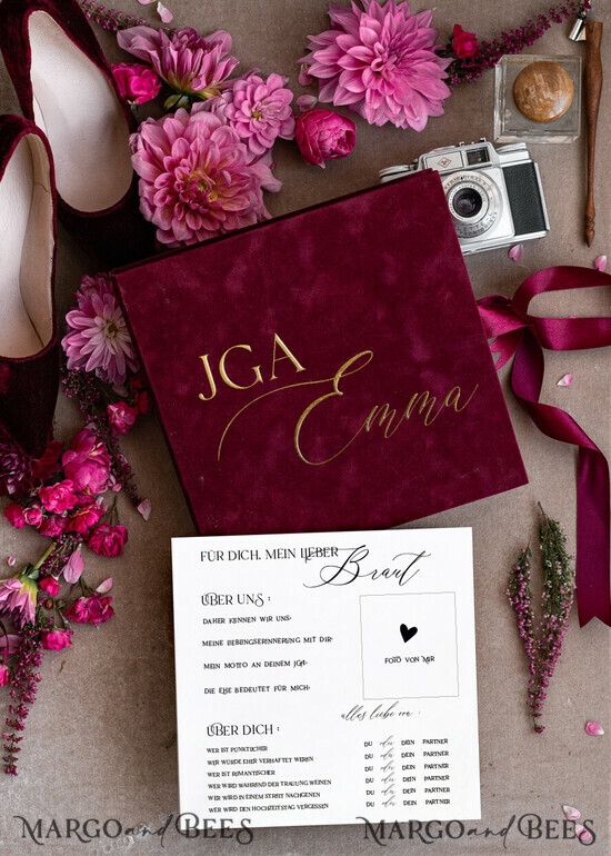 Hochzeitsfeier Einladungen JGA geschenk braut JGA Kartenbox aus Samt – personalisiert mit goldener Prägung, inkl. Gästekarten für die Braut 02/brautAnkiet/geschenkBraut