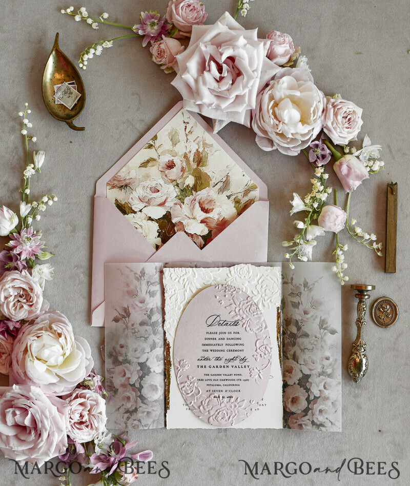 WEDDING INVITATIONS geprägte Einladungen Blush Pink Floral Wedding Invitations – Fine Art Invitations with Embossed Details, Floral Envelope Liners