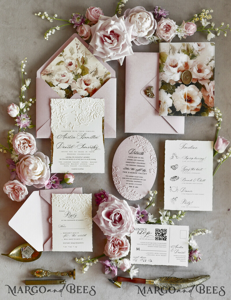 WEDDING INVITATIONS geprägte Einladungen Blush Pink Floral Wedding Invitations – Fine Art Invitations with Embossed Details, Floral Envelope Liners