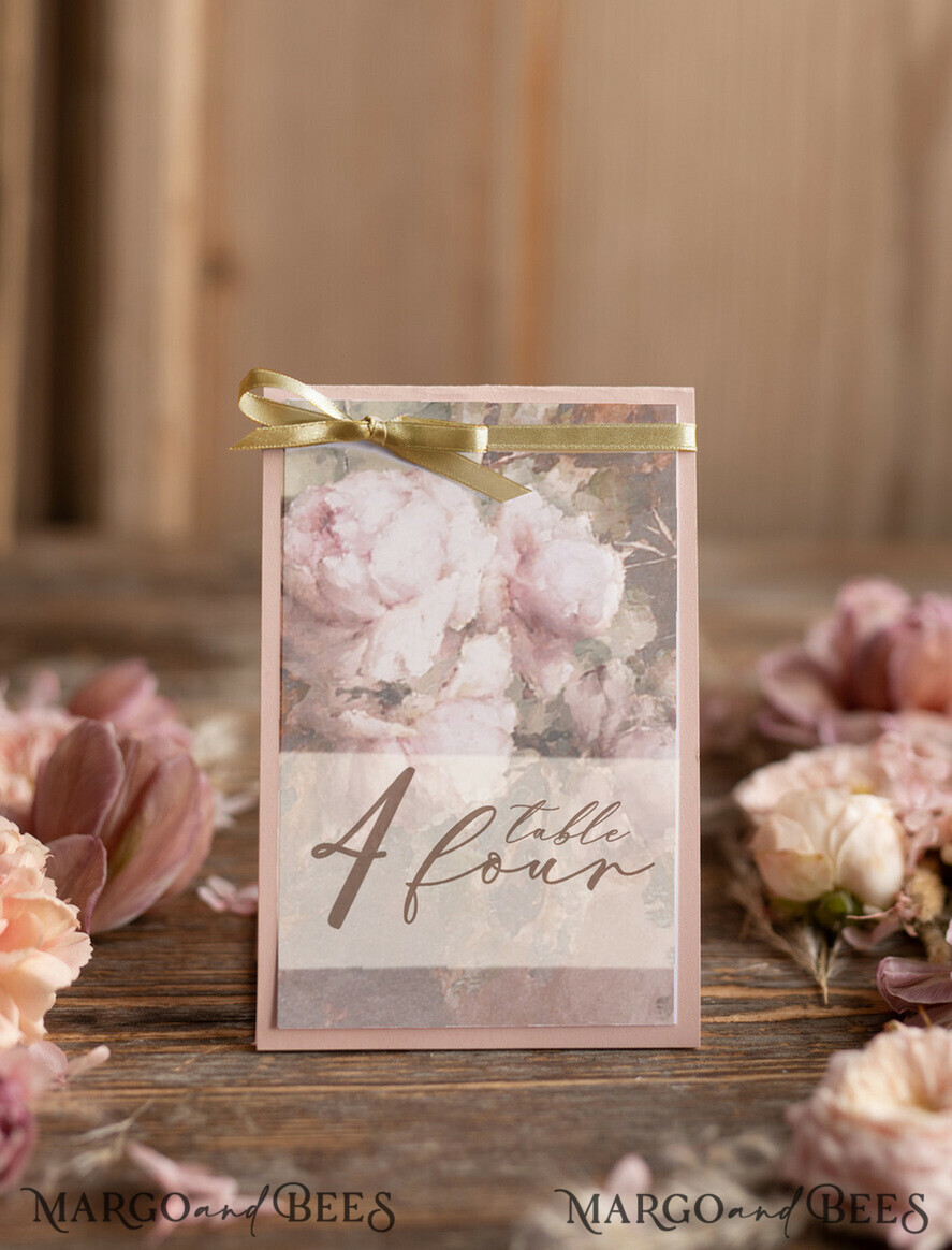 TISCHDEKORATIONSCHILDER   romantisch Florale Boho Klassische Tischnummer, Goldband Luxuriöse Romantische Hochzeits Tischnummer, Elegante Vintage Ölmalerei Blumen, Handgemachte Wunderschöne Blush Tischnummer