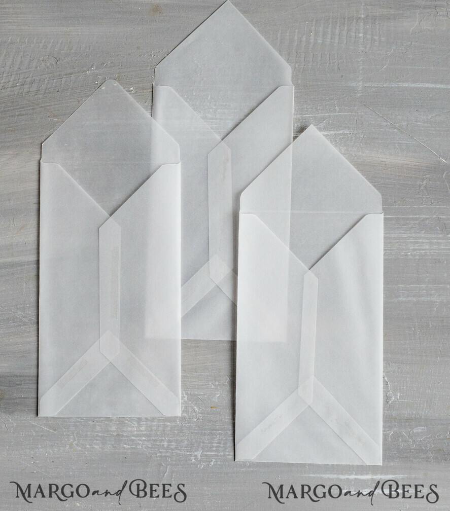 HOCHZEITS EINLADUNGEN Samtene Umschläge DL Vellum transparente Umschläge für Einladungen, lange handgefertigte Umschläge für Hochzeitseinladungen.