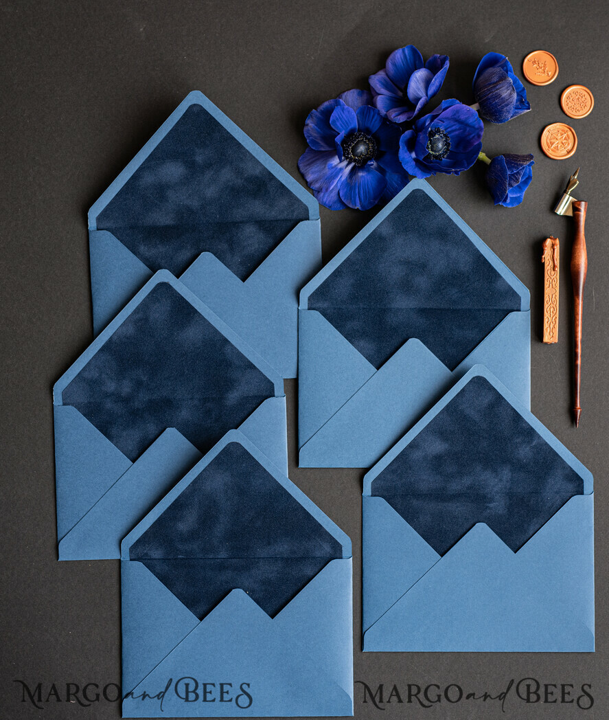 HOCHZEITS EINLADUNGEN Samtene Umschläge Marineblaue Umschläge für Einladungen mit Samteinlagen, handgefertigte A7-Umschläge mit Samteinlage für Hochzeitskarten.