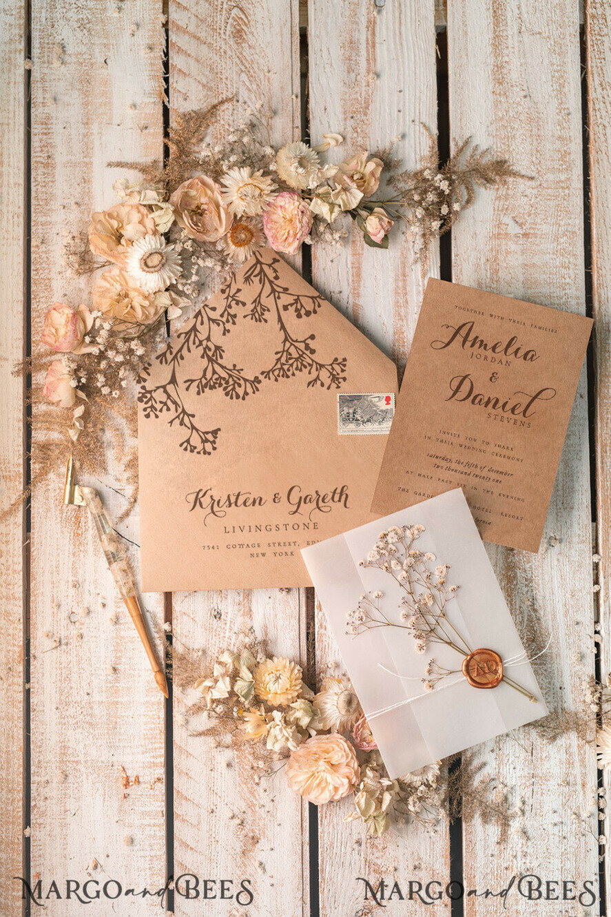 HOCHZEITS EINLADUNGEN rustikal / Landhausstil / Shabby Chic Rustikale Hochzeitskarten UK Echte Gypsophila Pergamentumwicklung mit Wachssiegel Baby Atem Blumen auf handgemachter Umschlag