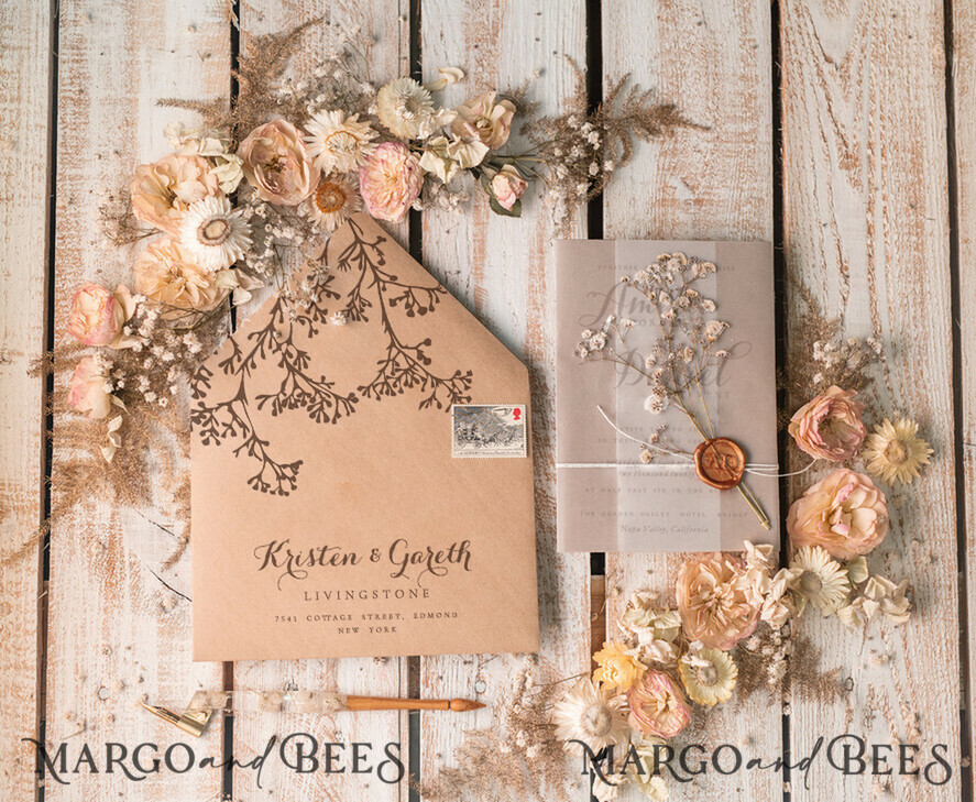 HOCHZEITS EINLADUNGEN rustikal / Landhausstil / Shabby Chic Rustikale Hochzeitskarten UK Echte Gypsophila Pergamentumwicklung mit Wachssiegel Baby Atem Blumen auf handgemachter Umschlag
