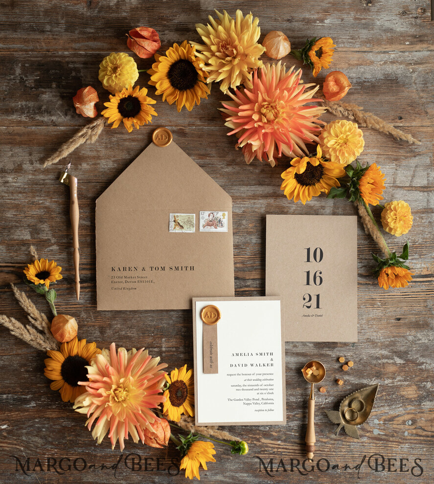 HOCHZEITS EINLADUNGEN rustikal / Landhausstil / Shabby Chic Hochzeitseinladungen individuelle umweltfreundliche Kraft-Papeterie, Hochzeitseinladungen mit Wachssiegel und handgemachtem Umschlag, Rustikale Einladungen