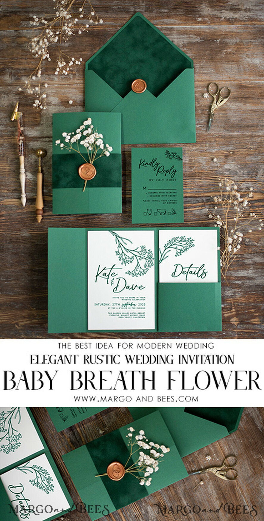 HOCHZEITS EINLADUNGEN rustikal / Landhausstil / Shabby Chic Smaragdgrüne Hochzeitseinladungset, Grüner Samteinladungsset, Modernes Boho-Einladungset mit echten Baby-Atmungsblumen.