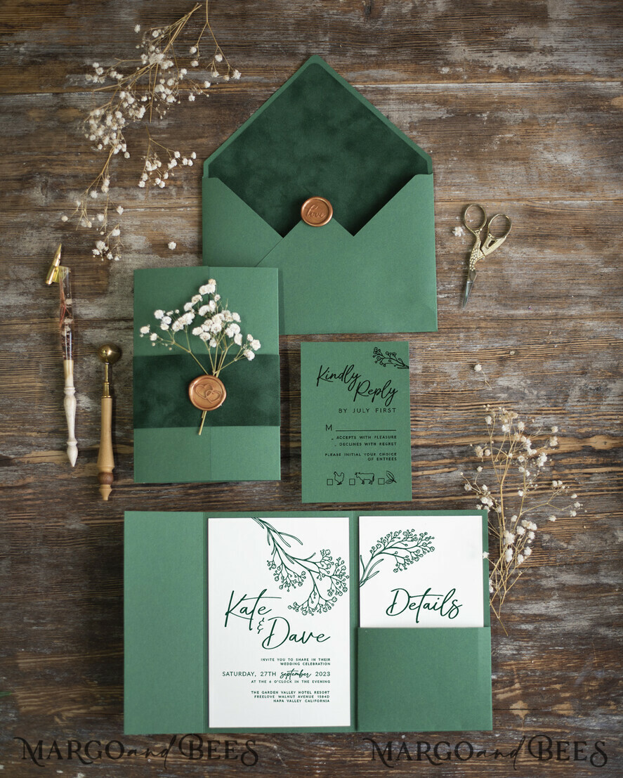HOCHZEITS EINLADUNGEN rustikal / Landhausstil / Shabby Chic Smaragdgrüne Hochzeitseinladungset, Grüner Samteinladungsset, Modernes Boho-Einladungset mit echten Baby-Atmungsblumen.