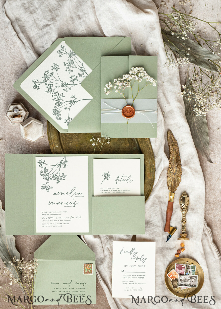 HOCHZEITS EINLADUNGEN rustikal / Landhausstil / Shabby Chic Salbeigrüne Hochzeits-Einladungskarte Set Natürliche Baby-Atemblumen Hochzeits-Einladungen Suite Moderne Boho-Hochzeitskarten Gartenhochzeit