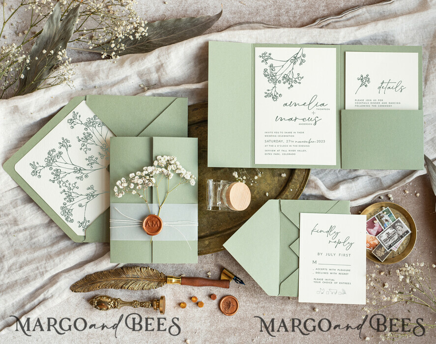 HOCHZEITS EINLADUNGEN rustikal / Landhausstil / Shabby Chic Salbeigrüne Hochzeits-Einladungskarte Set Natürliche Baby-Atemblumen Hochzeits-Einladungen Suite Moderne Boho-Hochzeitskarten Gartenhochzeit