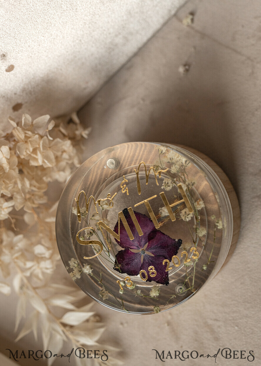 RINGTRÄGERBOXEN & KISSEN Epoxidharz Trauringe Box Epoxidharz- und Holz-Eheringbox für die Zeremonie, Boho Epoxid-Eheringboxen für ihn und sie, transparente Epoxid-Doppelringbox für die Hochzeit, Holzharzblumen Verlobungsringbox.