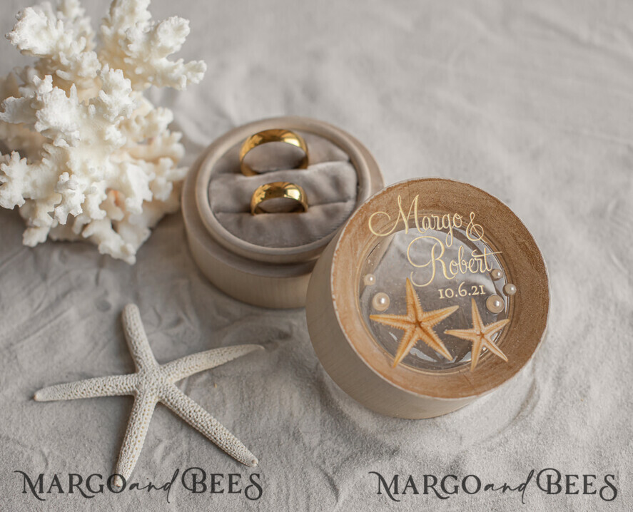 RINGTRÄGERBOXEN & KISSEN Epoxidharz Trauringe Box Hochzeitsstrand-Ringbox, gravierte Hochzeitsringbox • personalisierte rustikale Ringbox • echte Seestern Luxus-Ringbox