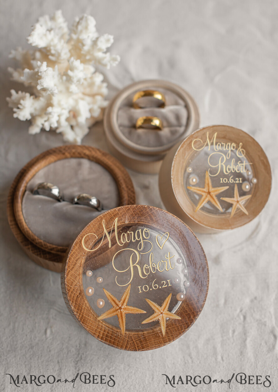 RINGTRÄGERBOXEN & KISSEN Epoxidharz Trauringe Box Hochzeitsstrand-Ringbox, gravierte Hochzeitsringbox • personalisierte rustikale Ringbox • echte Seestern Luxus-Ringbox