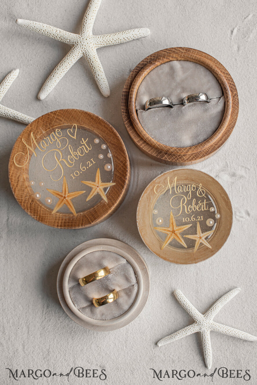RINGTRÄGERBOXEN & KISSEN Epoxidharz Trauringe Box Hochzeitsstrand-Ringbox, gravierte Hochzeitsringbox • personalisierte rustikale Ringbox • echte Seestern Luxus-Ringbox