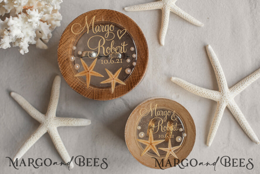 RINGTRÄGERBOXEN & KISSEN Epoxidharz Trauringe Box Hochzeitsstrand-Ringbox, gravierte Hochzeitsringbox • personalisierte rustikale Ringbox • echte Seestern Luxus-Ringbox