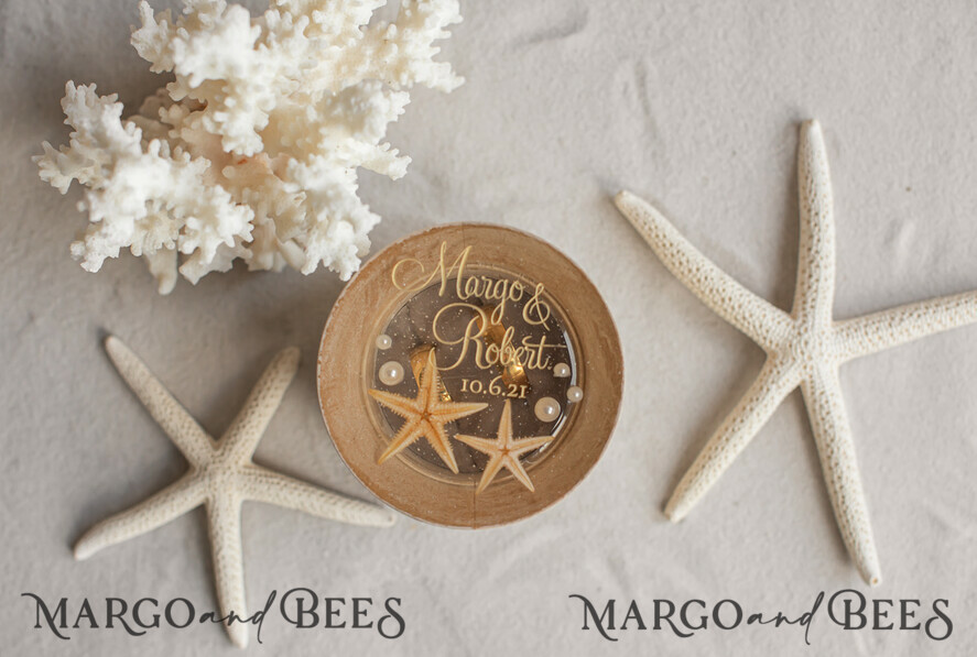 RINGTRÄGERBOXEN & KISSEN Epoxidharz Trauringe Box Hochzeitsstrand-Ringbox, gravierte Hochzeitsringbox • personalisierte rustikale Ringbox • echte Seestern Luxus-Ringbox