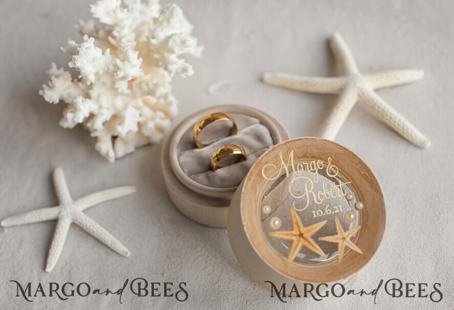 RINGTRÄGERBOXEN & KISSEN Epoxidharz Trauringe Box Hochzeitsstrand-Ringbox, gravierte Hochzeitsringbox • personalisierte rustikale Ringbox • echte Seestern Luxus-Ringbox