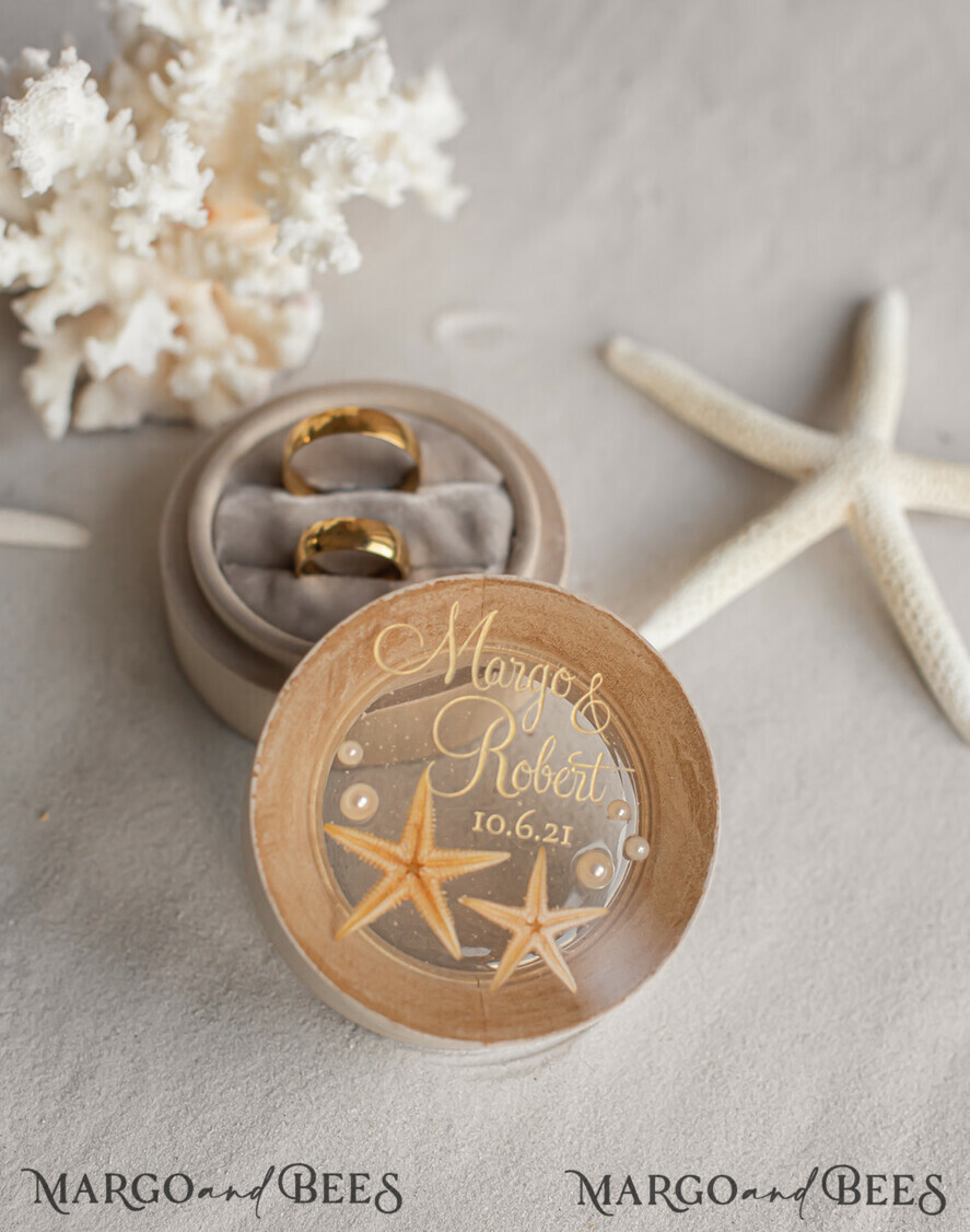 RINGTRÄGERBOXEN & KISSEN Epoxidharz Trauringe Box Hochzeitsstrand-Ringbox, gravierte Hochzeitsringbox • personalisierte rustikale Ringbox • echte Seestern Luxus-Ringbox