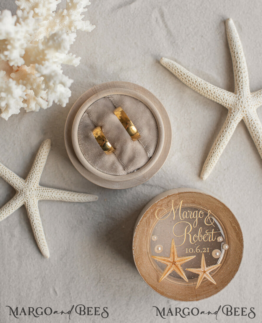 RINGTRÄGERBOXEN & KISSEN Epoxidharz Trauringe Box Hochzeitsstrand-Ringbox, gravierte Hochzeitsringbox • personalisierte rustikale Ringbox • echte Seestern Luxus-Ringbox