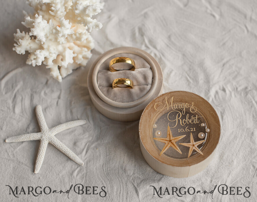 RINGTRÄGERBOXEN & KISSEN Epoxidharz Trauringe Box Hochzeitsstrand-Ringbox, gravierte Hochzeitsringbox • personalisierte rustikale Ringbox • echte Seestern Luxus-Ringbox