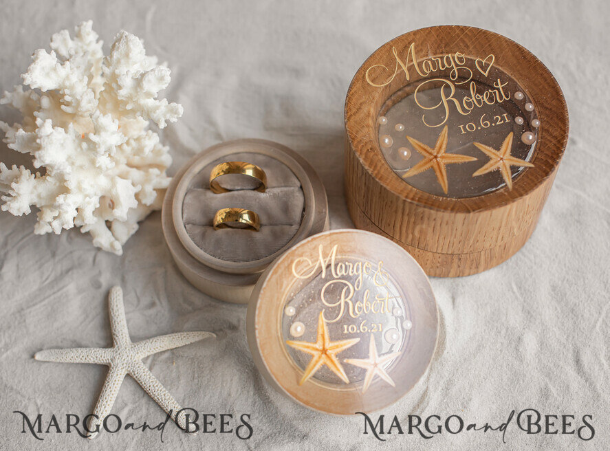 RINGTRÄGERBOXEN & KISSEN Epoxidharz Trauringe Box Hochzeitsstrand-Ringbox, gravierte Hochzeitsringbox • personalisierte rustikale Ringbox • echte Seestern Luxus-Ringbox