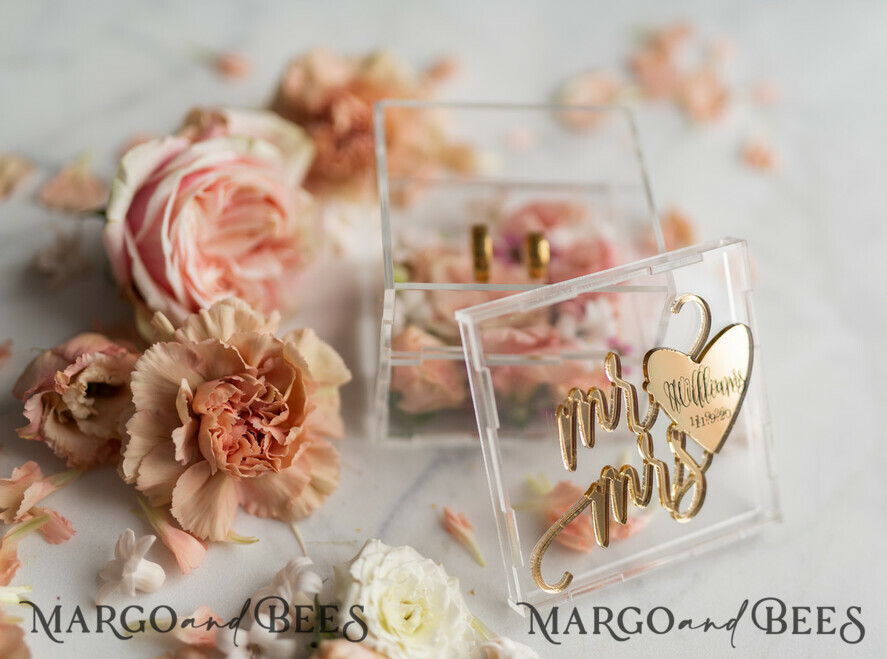 RINGTRÄGERBOXEN & KISSEN Epoxidharz Trauringe Box Klare Acryl-Ringträger, Gold Glam Hochzeitsringbox • handgemachte Ringträgerbox • Spiegelgold Luxus-Ringbox