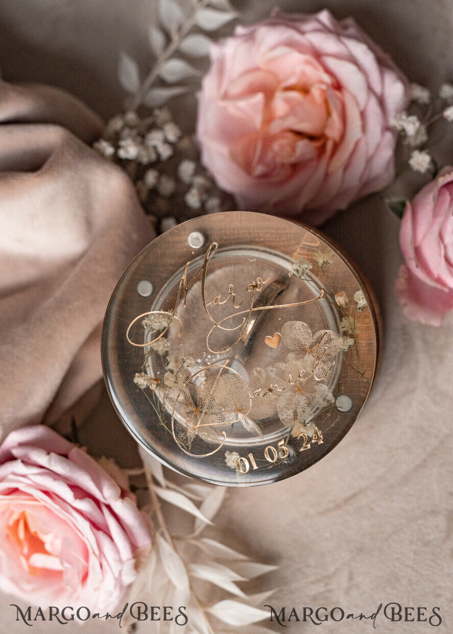 RINGTRÄGERBOXEN & KISSEN Epoxidharz Trauringe Box Epoxidharz & Holz Eheringbox für die Zeremonie, Boho Epoxid Eheringboxen für ihn und sie, transparente Epoxid-Doppelringbox für die Hochzeit, Holzharzblumen Heiratsantragsringbox.