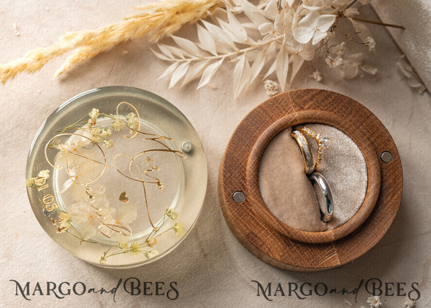 RINGTRÄGERBOXEN & KISSEN Epoxidharz Trauringe Box Epoxidharz & Holz Eheringbox für die Zeremonie, Boho Epoxid Eheringboxen für ihn und sie, transparente Epoxid-Doppelringbox für die Hochzeit, Holzharzblumen Heiratsantragsringbox.