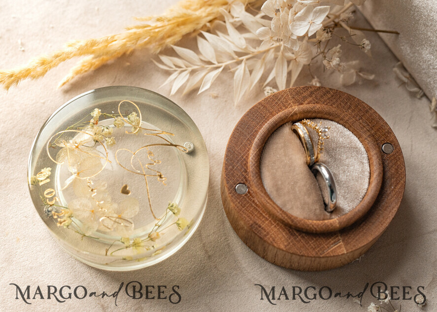 RINGTRÄGERBOXEN & KISSEN Epoxidharz Trauringe Box Epoxidharz & Holz Eheringbox für die Zeremonie, Boho Epoxid Eheringboxen für ihn und sie, transparente Epoxid-Doppelringbox für die Hochzeit, Holzharzblumen Heiratsantragsringbox.