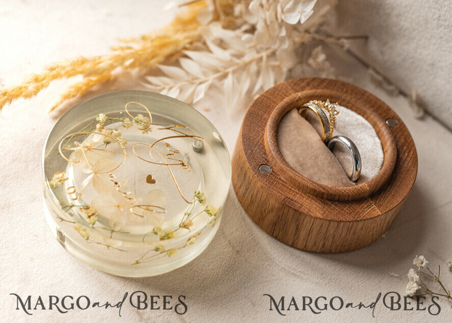 RINGTRÄGERBOXEN & KISSEN Epoxidharz Trauringe Box Epoxidharz & Holz Eheringbox für die Zeremonie, Boho Epoxid Eheringboxen für ihn und sie, transparente Epoxid-Doppelringbox für die Hochzeit, Holzharzblumen Heiratsantragsringbox.