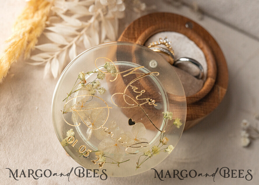 RINGTRÄGERBOXEN & KISSEN Epoxidharz Trauringe Box Epoxidharz & Holz Eheringbox für die Zeremonie, Boho Epoxid Eheringboxen für ihn und sie, transparente Epoxid-Doppelringbox für die Hochzeit, Holzharzblumen Heiratsantragsringbox.
