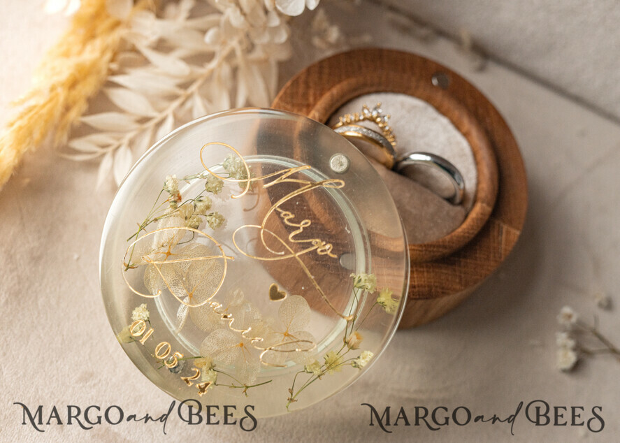 RINGTRÄGERBOXEN & KISSEN Epoxidharz Trauringe Box Epoxidharz & Holz Eheringbox für die Zeremonie, Boho Epoxid Eheringboxen für ihn und sie, transparente Epoxid-Doppelringbox für die Hochzeit, Holzharzblumen Heiratsantragsringbox.