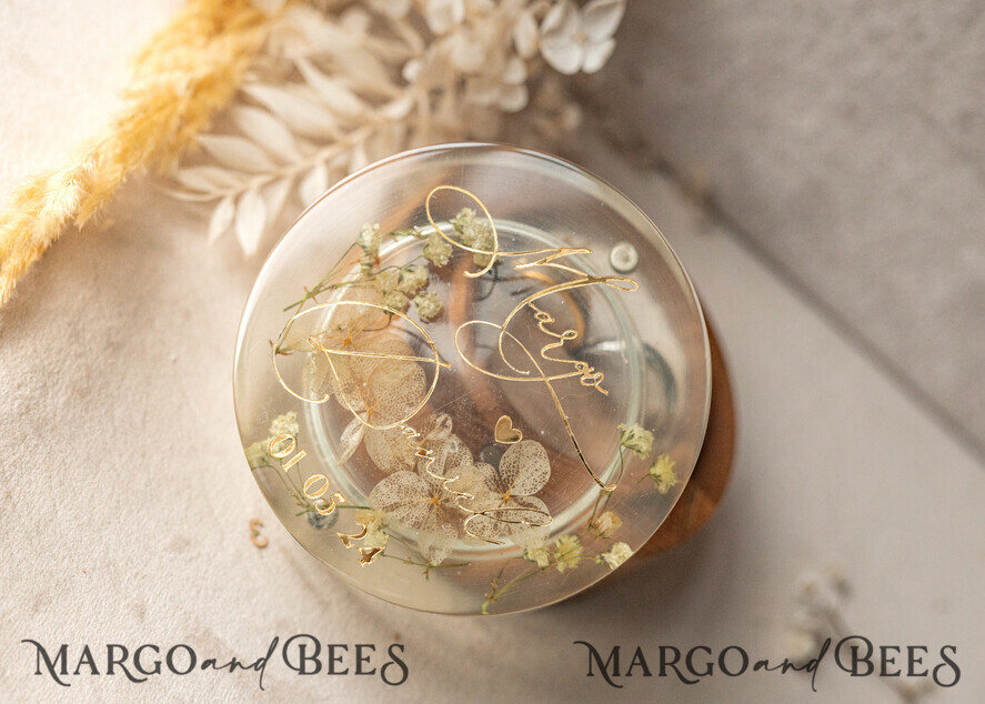 RINGTRÄGERBOXEN & KISSEN Epoxidharz Trauringe Box Epoxidharz & Holz Eheringbox für die Zeremonie, Boho Epoxid Eheringboxen für ihn und sie, transparente Epoxid-Doppelringbox für die Hochzeit, Holzharzblumen Heiratsantragsringbox.