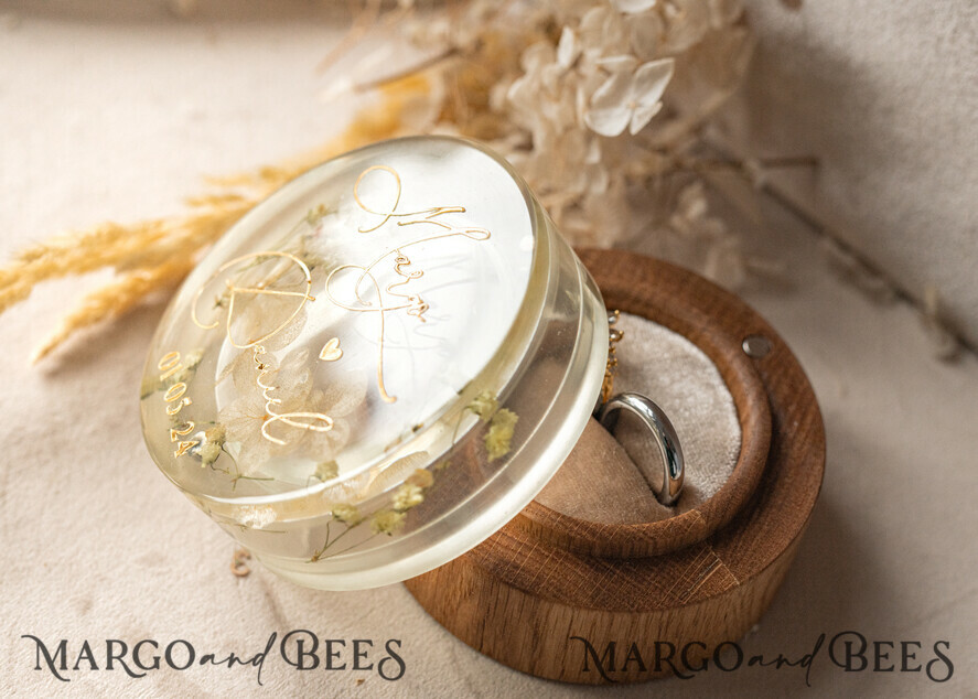 RINGTRÄGERBOXEN & KISSEN Epoxidharz Trauringe Box Epoxidharz & Holz Eheringbox für die Zeremonie, Boho Epoxid Eheringboxen für ihn und sie, transparente Epoxid-Doppelringbox für die Hochzeit, Holzharzblumen Heiratsantragsringbox.
