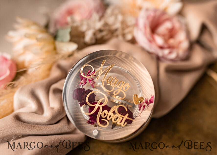 RINGTRÄGERBOXEN & KISSEN Epoxidharz Trauringe Box Epoxidharz- und Holzhochzeitsringbox für die Zeremonie, Boho Epoxid-Hochzeitsringboxen für ihn und sie, transparente Epoxid-Doppelringbox für die Hochzeit, Holzharzblumen Heiratsantrag Ringbox