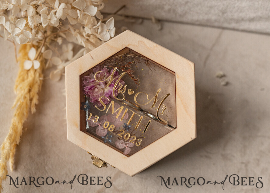 RINGTRÄGERBOXEN & KISSEN Epoxidharz Trauringe Box Hexagon Epoxidharz- und Holzhochzeitsringbox für die Zeremonie, Boho Epoxidhochzeitsringboxen für ihn und sie, transparente Epoxid-Doppelringbox für die Hochzeit, Holzharzblumen Heiratsantrag Ringbox.