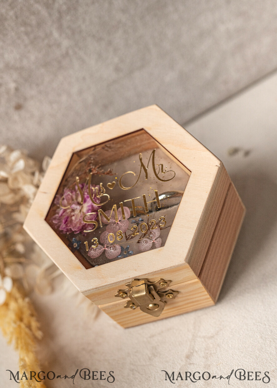 RINGTRÄGERBOXEN & KISSEN Epoxidharz Trauringe Box Hexagon Epoxidharz- und Holzhochzeitsringbox für die Zeremonie, Boho Epoxidhochzeitsringboxen für ihn und sie, transparente Epoxid-Doppelringbox für die Hochzeit, Holzharzblumen Heiratsantrag Ringbox.