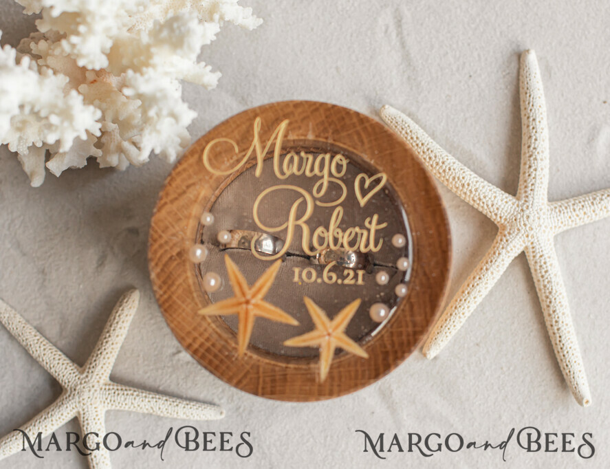 RINGTRÄGERBOXEN & KISSEN Epoxidharz Trauringe Box Strand-Hochzeitsringträger, handgemachte Hochzeitsringbox • Echte Seestern-Ringträgerbox • luxuriöse Holzringbox