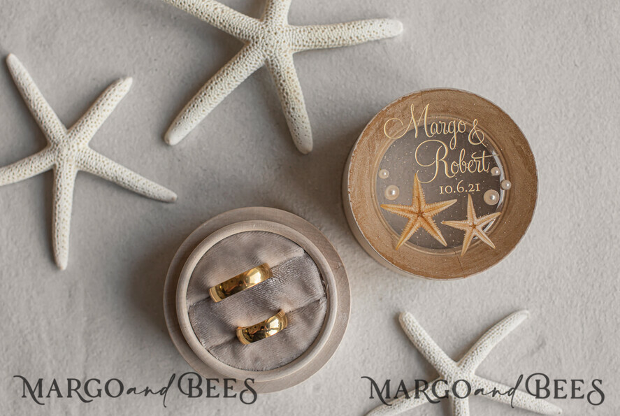 RINGTRÄGERBOXEN & KISSEN Epoxidharz Trauringe Box Strand-Hochzeitsringträger, handgemachte Hochzeitsringbox • Echte Seestern-Ringträgerbox • luxuriöse Holzringbox