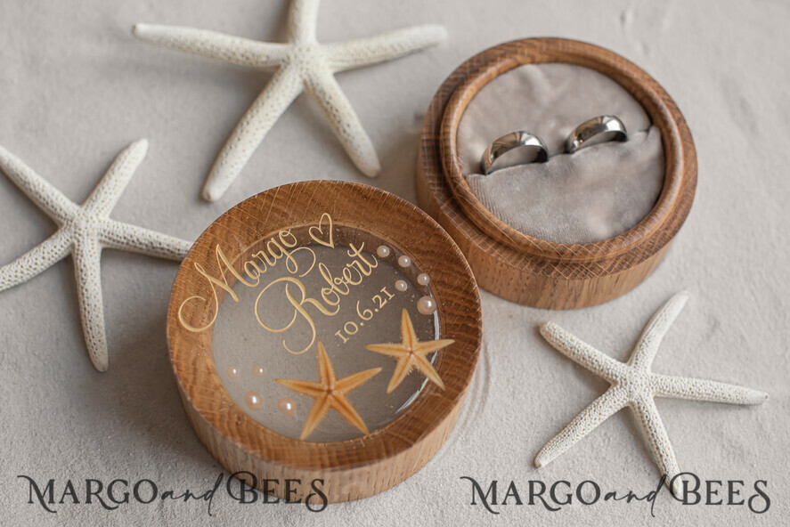 RINGTRÄGERBOXEN & KISSEN Epoxidharz Trauringe Box Strand-Hochzeitsringträger, handgemachte Hochzeitsringbox • Echte Seestern-Ringträgerbox • luxuriöse Holzringbox