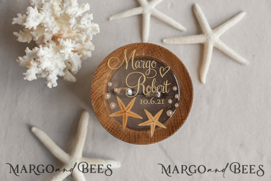 RINGTRÄGERBOXEN & KISSEN Epoxidharz Trauringe Box Strand-Hochzeitsringträger, handgemachte Hochzeitsringbox • Echte Seestern-Ringträgerbox • luxuriöse Holzringbox