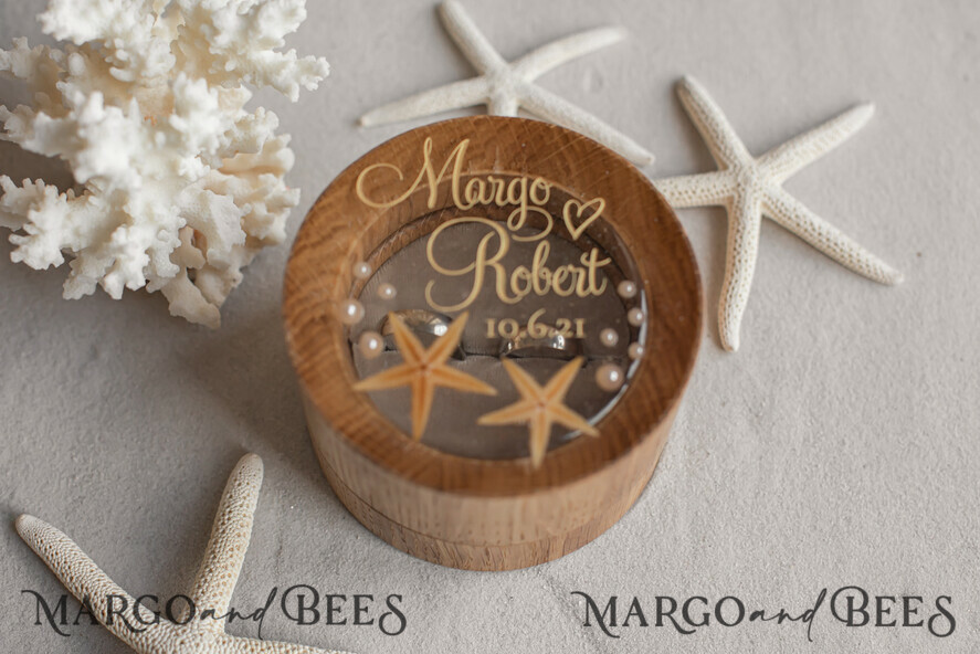RINGTRÄGERBOXEN & KISSEN Epoxidharz Trauringe Box Strand-Hochzeitsringträger, handgemachte Hochzeitsringbox • Echte Seestern-Ringträgerbox • luxuriöse Holzringbox