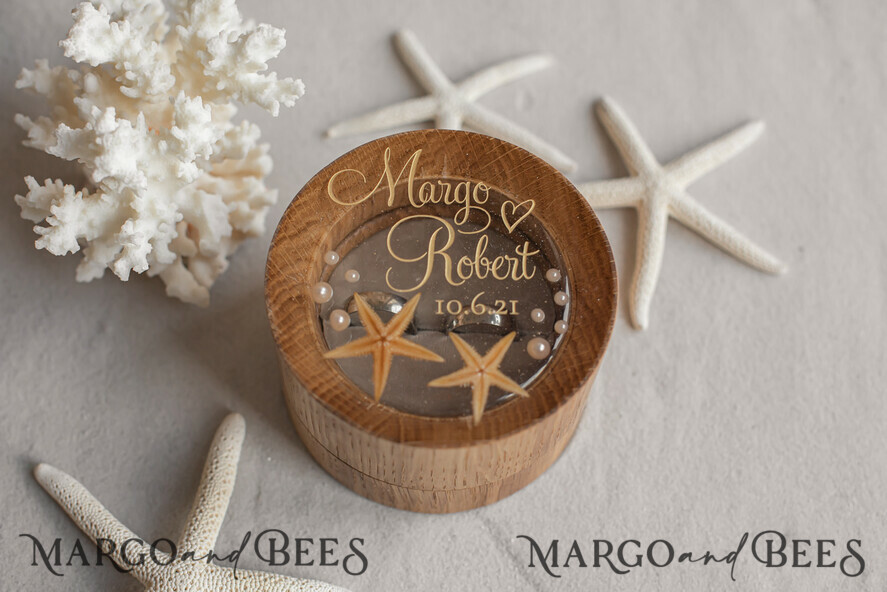 RINGTRÄGERBOXEN & KISSEN Epoxidharz Trauringe Box Strand-Hochzeitsringträger, handgemachte Hochzeitsringbox • Echte Seestern-Ringträgerbox • luxuriöse Holzringbox
