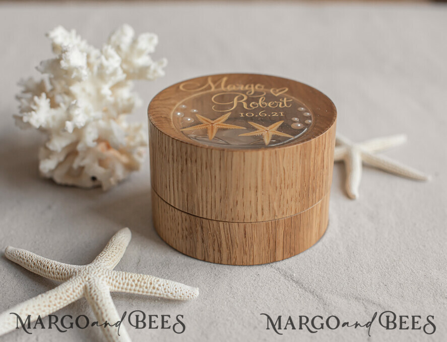 RINGTRÄGERBOXEN & KISSEN Epoxidharz Trauringe Box Strand-Hochzeitsringträger, handgemachte Hochzeitsringbox • Echte Seestern-Ringträgerbox • luxuriöse Holzringbox