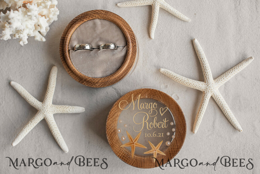 RINGTRÄGERBOXEN & KISSEN Epoxidharz Trauringe Box Strand-Hochzeitsringträger, handgemachte Hochzeitsringbox • Echte Seestern-Ringträgerbox • luxuriöse Holzringbox
