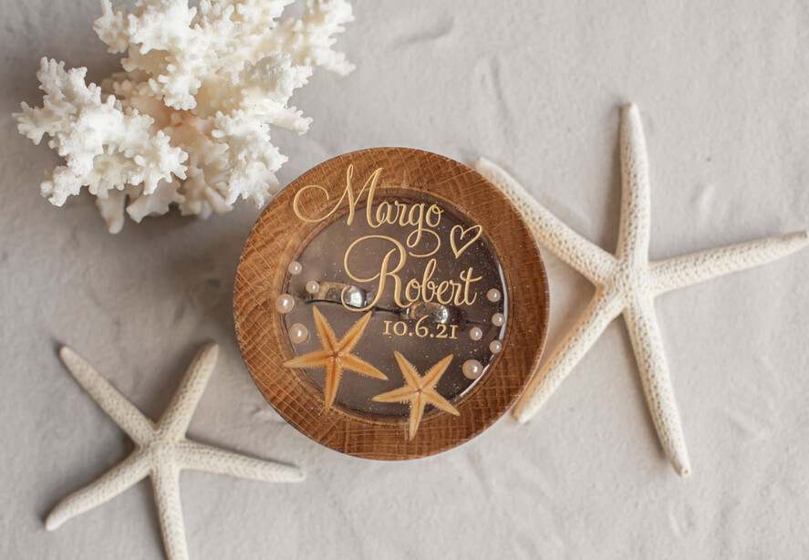RINGTRÄGERBOXEN & KISSEN Epoxidharz Trauringe Box Strand-Hochzeitsringträger, handgemachte Hochzeitsringbox • Echte Seestern-Ringträgerbox • luxuriöse Holzringbox