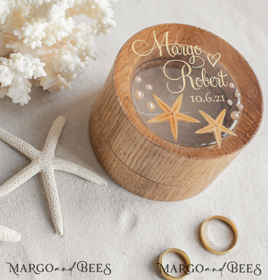 RINGTRÄGERBOXEN & KISSEN Epoxidharz Trauringe Box Strand-Hochzeitsringträger, handgemachte Hochzeitsringbox • Echte Seestern-Ringträgerbox • luxuriöse Holzringbox